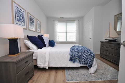 A bedroom with a bed, nightstand, and a rug.